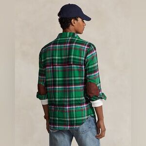 Polo Ralph Lauren Vintage Green Tartan Plaid Flannel Shirt, Elbow Patch